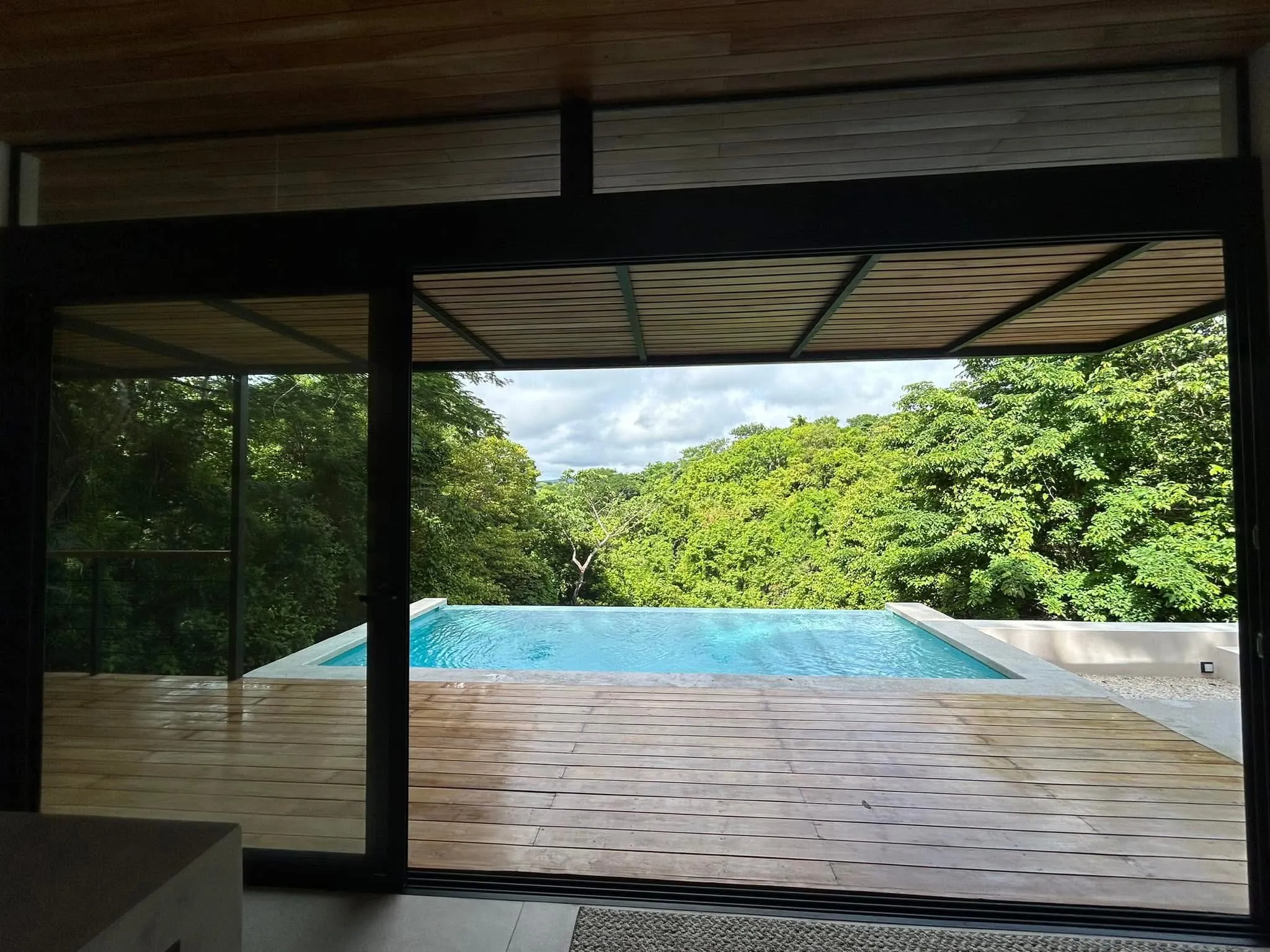 View from inside Casa Delicias through the sliding doors onto the private pool with the jungle canopy beyond.